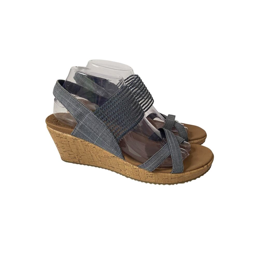 Skechers Beverlee High Tea Wedge Sandals Blue Slingback Size 9 Boho Cottagecore